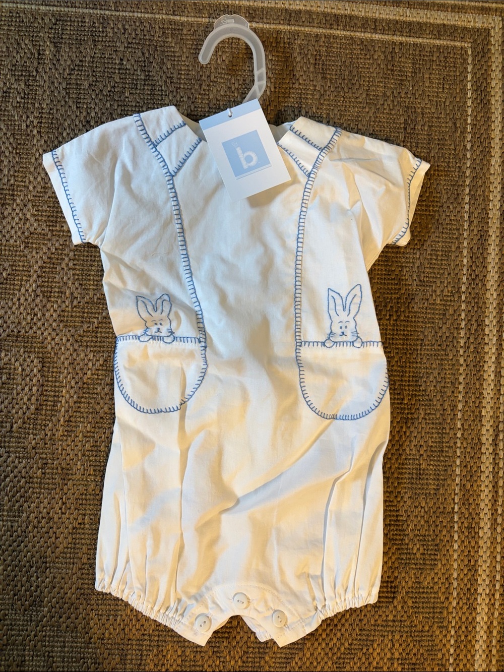 bella bliss 6 month NWT Romper with Blue Trim and Bunny Appliqué